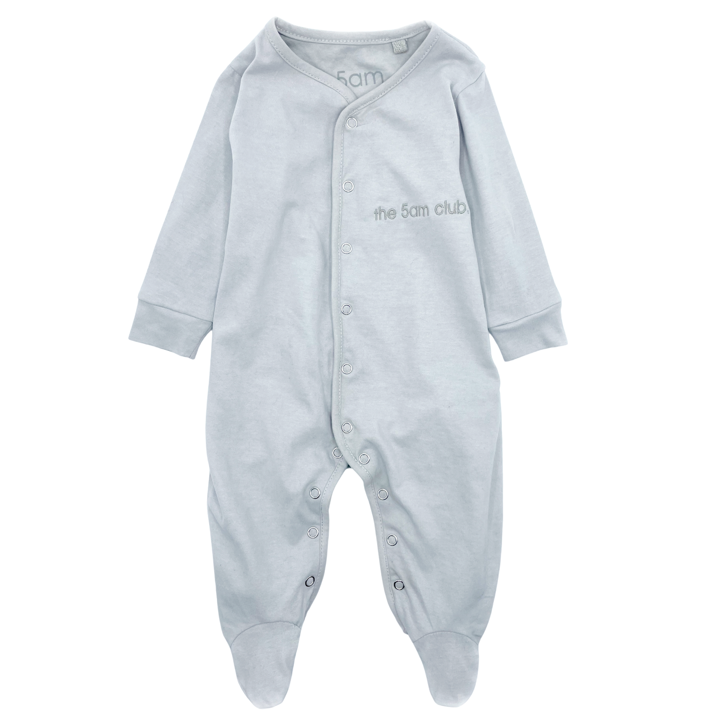 light grey babygrow with the 5am club logo on the chest and silver poppers down the front