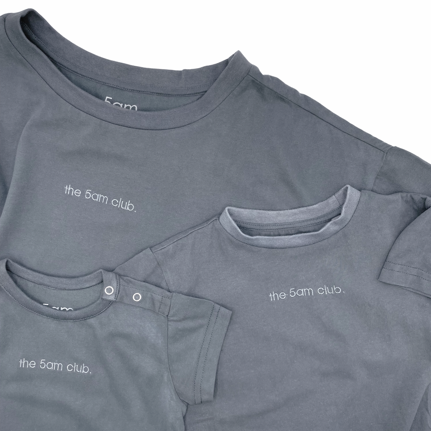 charcoal womens t-shirt with the 5am club logo on the chest