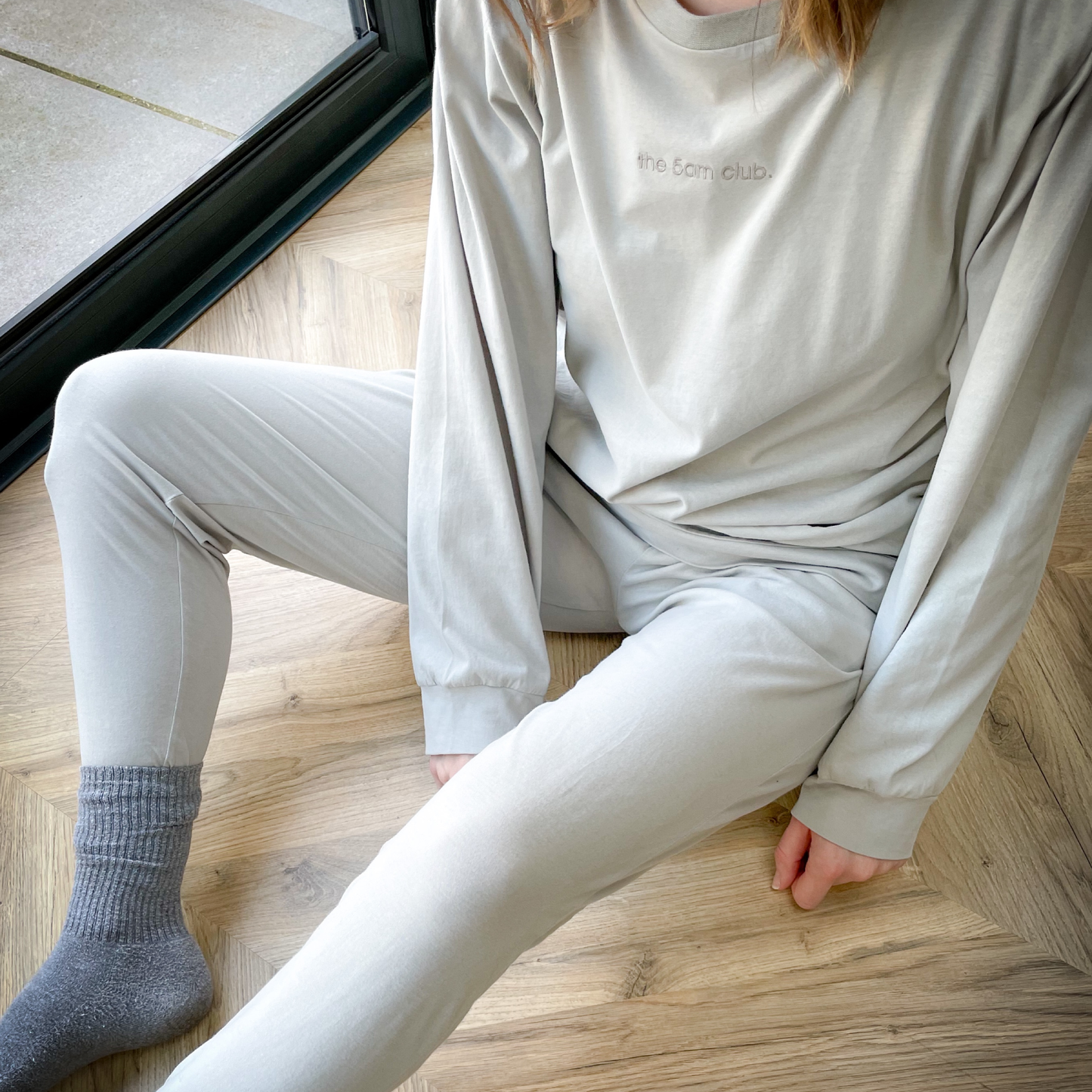 light grey womens lounge jogger with pockets and drawstring waist