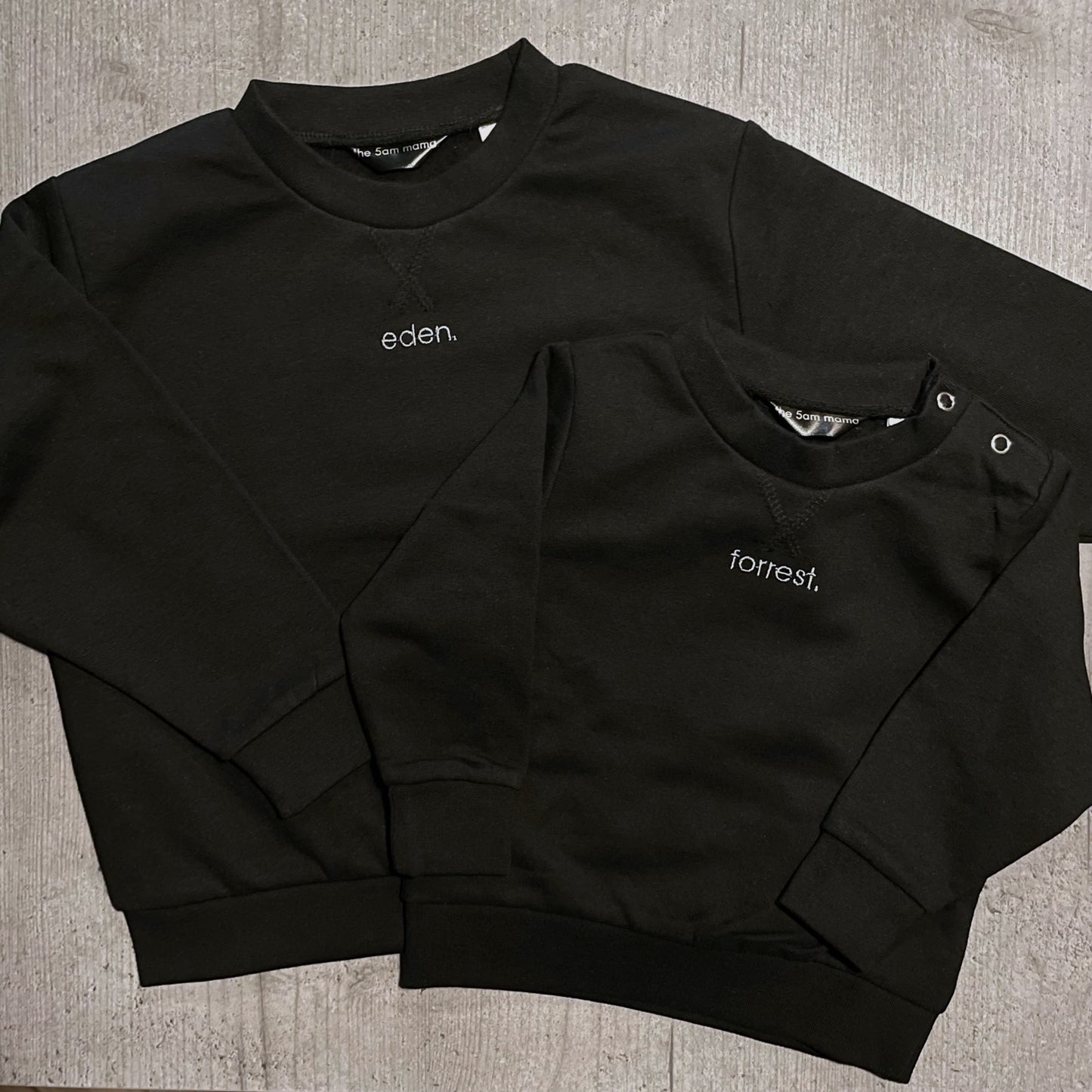 personalised kids black sweatshirt by the 5am mama