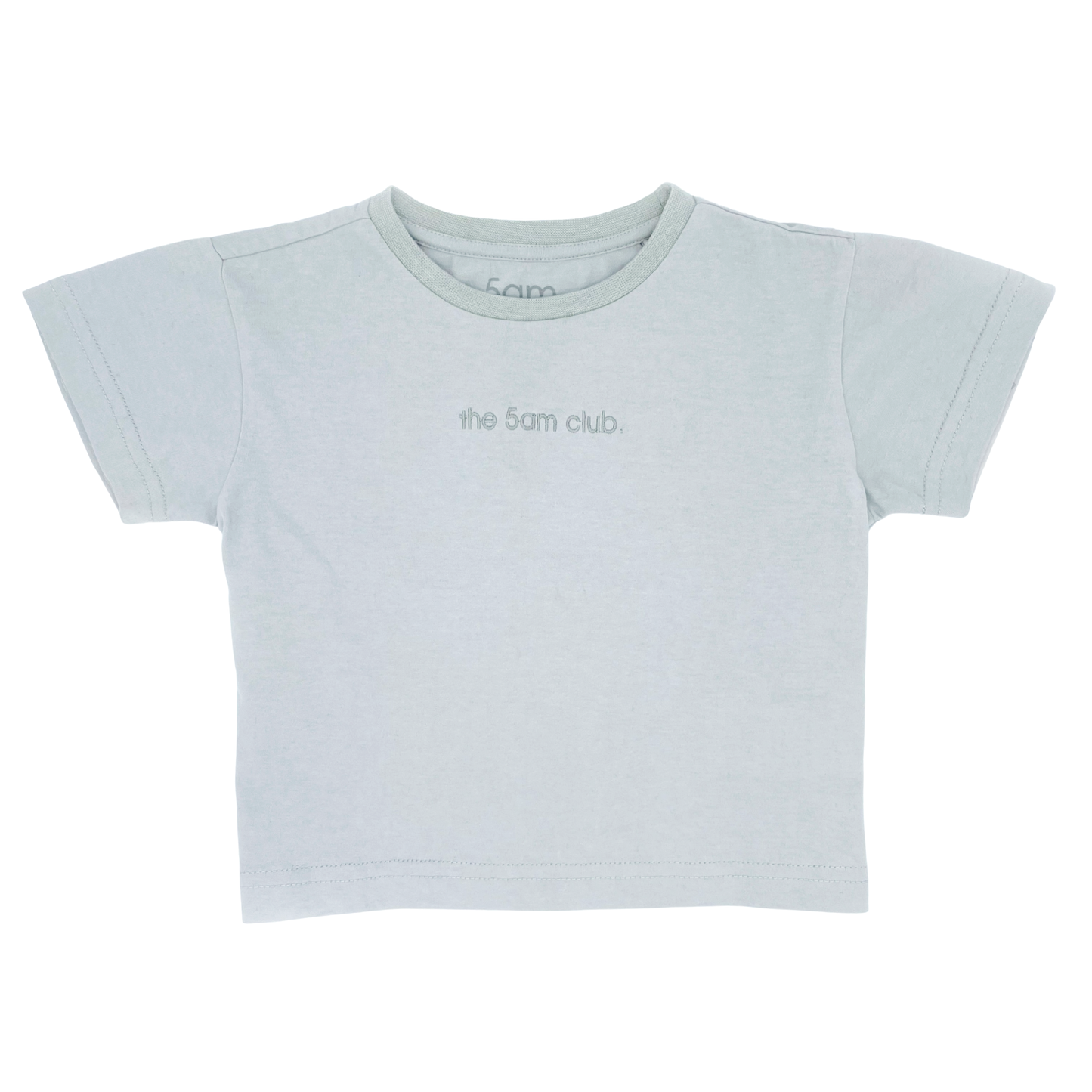 light grey kids t-shirt with the 5am club logo on the chest