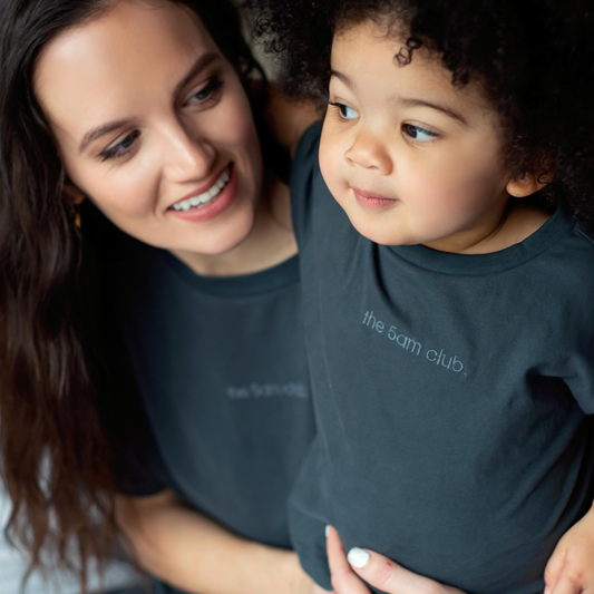 charcoal kids t-shirt with the 5am club logo on the chest