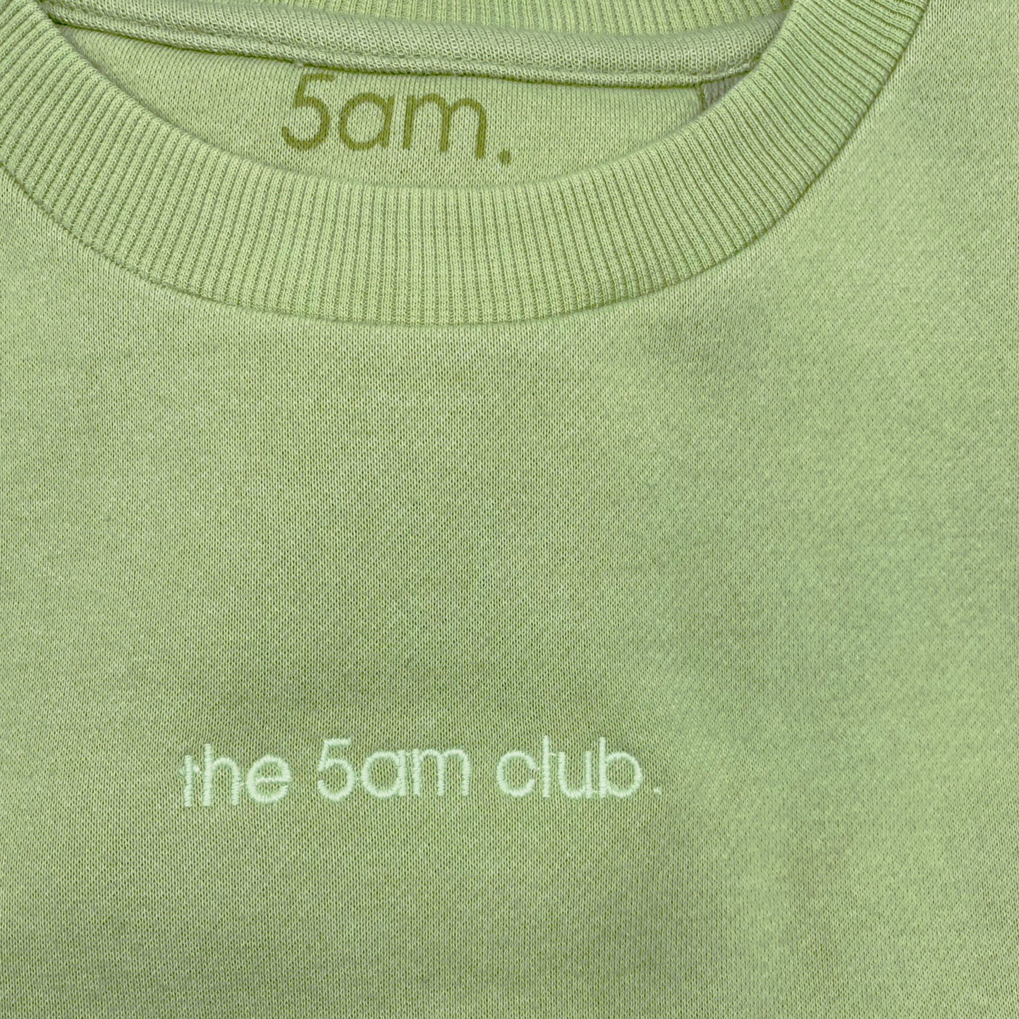 sage green kids sweatshirt with the 5am club logo on the chest