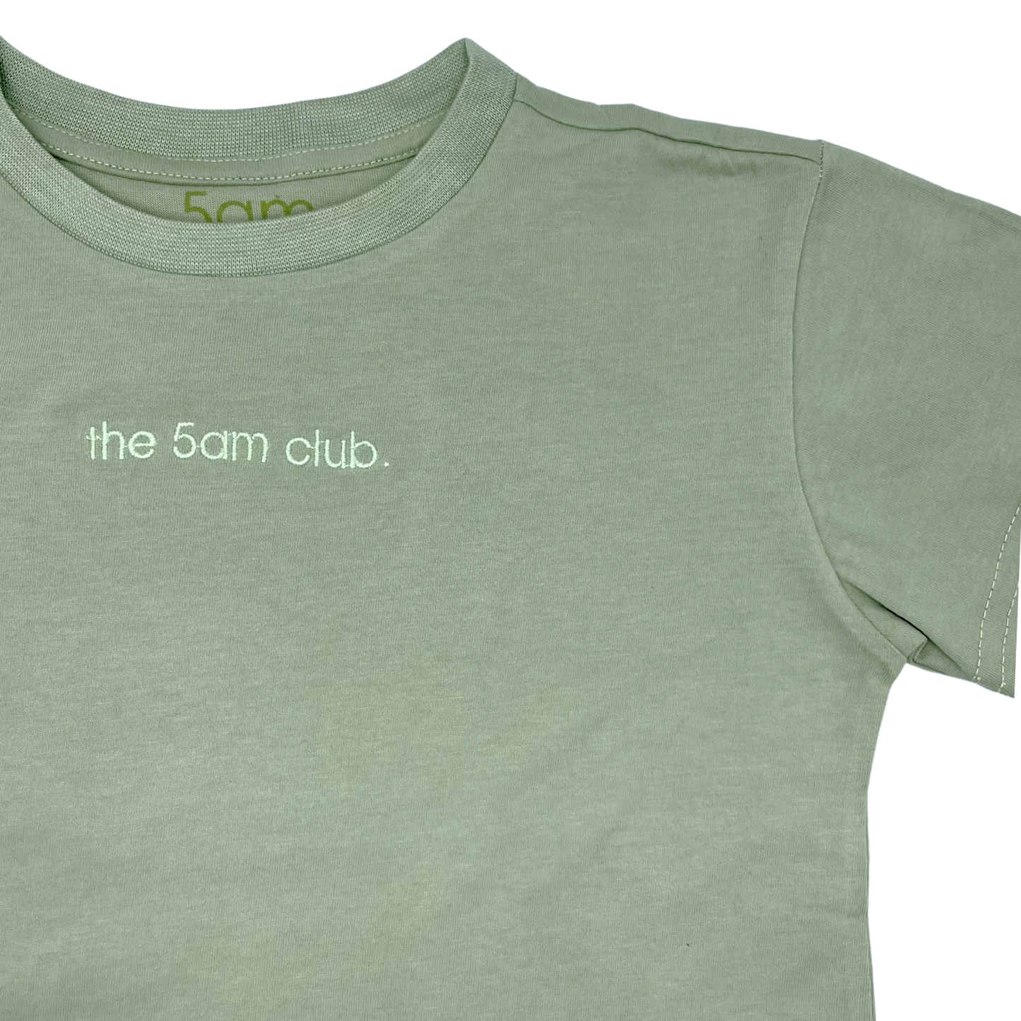 sage green kids t-shirt with the 5am club logo on the chest