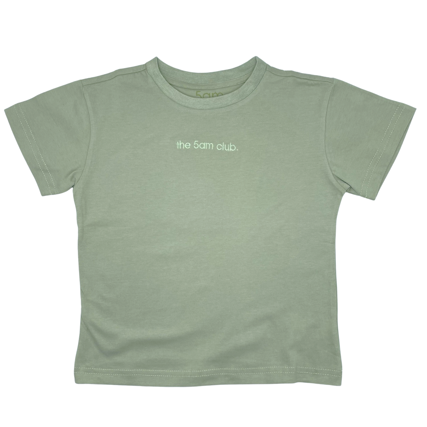 sage green kids t-shirt with the 5am club logo on the chest