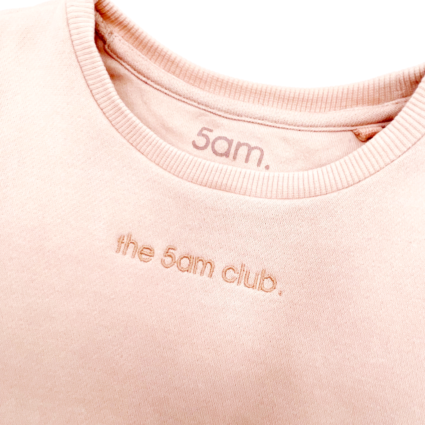blush pink kids sweatshirt with the 5am club logo on the chest
