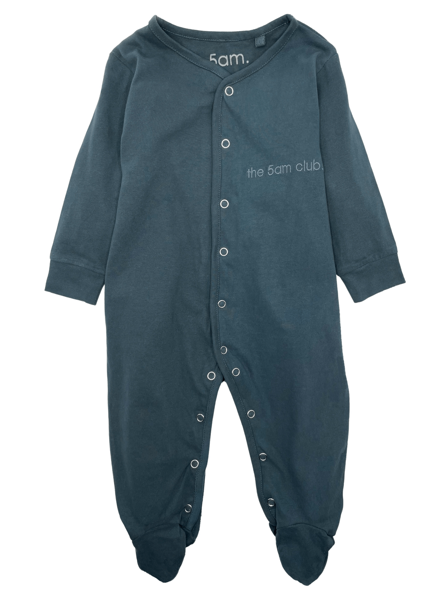 Charcoal grey babygrow with silver poppers and the 5am club logo