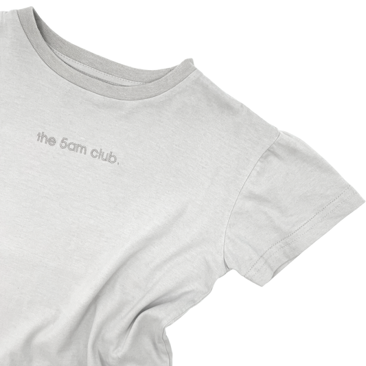 light grey womens t-shirt with the 5am club logo on the chest