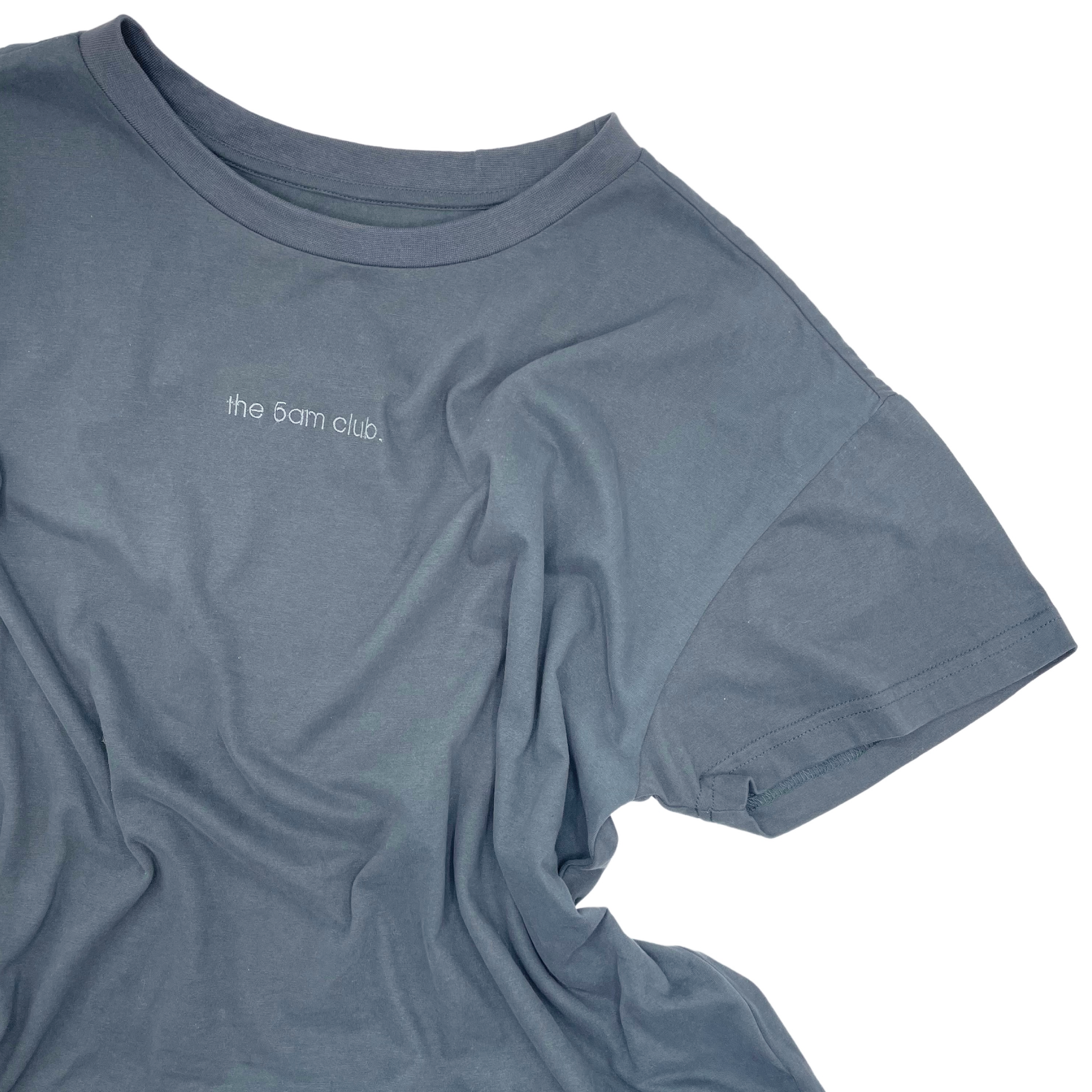 charcoal womens t-shirt with the 5am club logo on the chest
