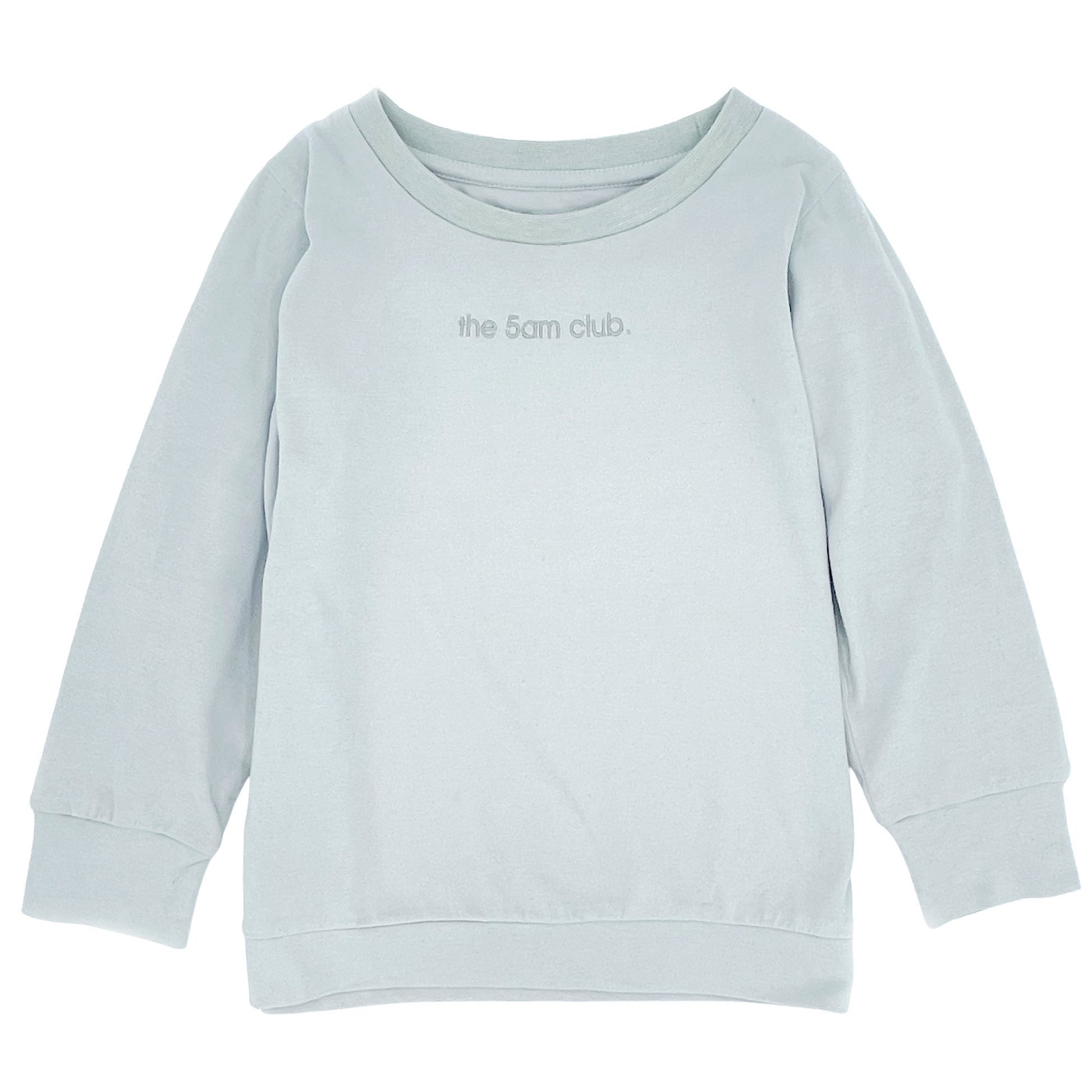 light grey long sleeve top from the 5am mama. The 5am club logo on the chest