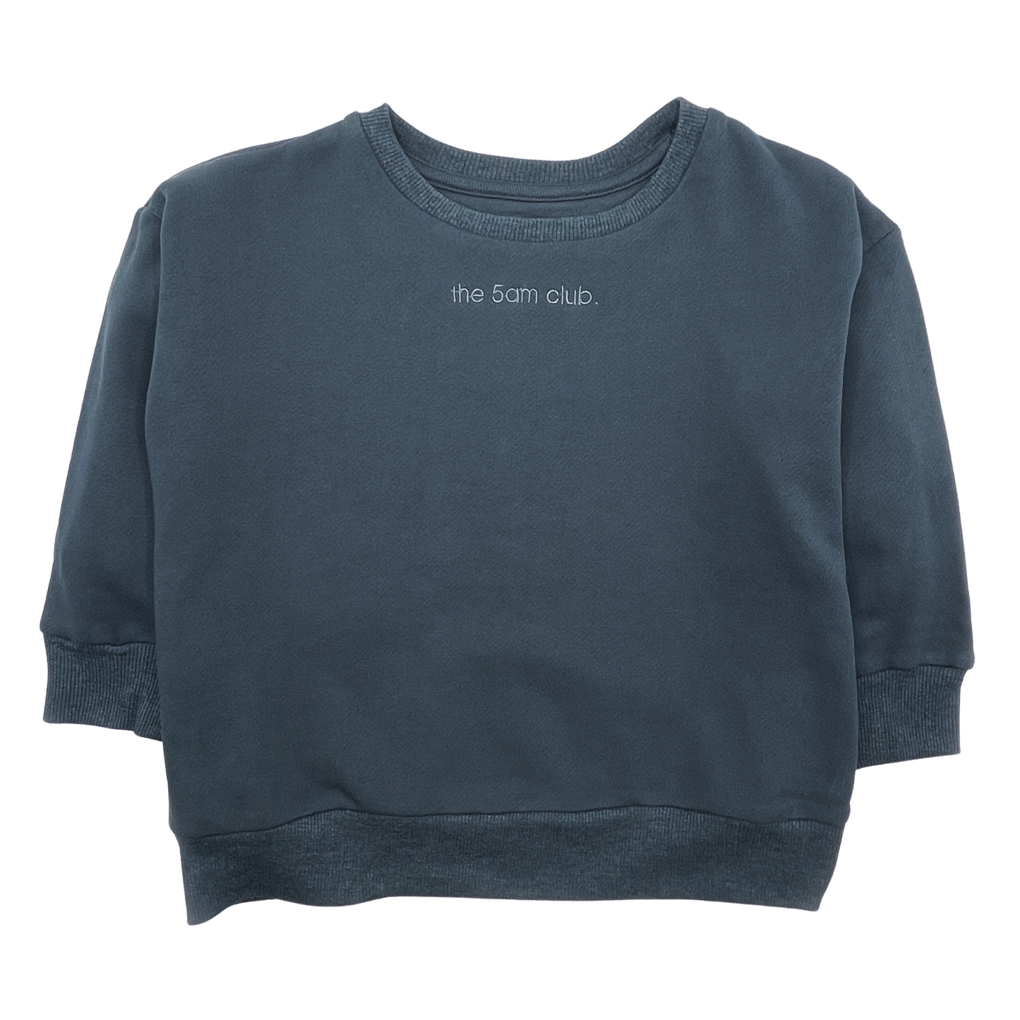 charcoal kids sweatshirt with the 5am club logo on the chest