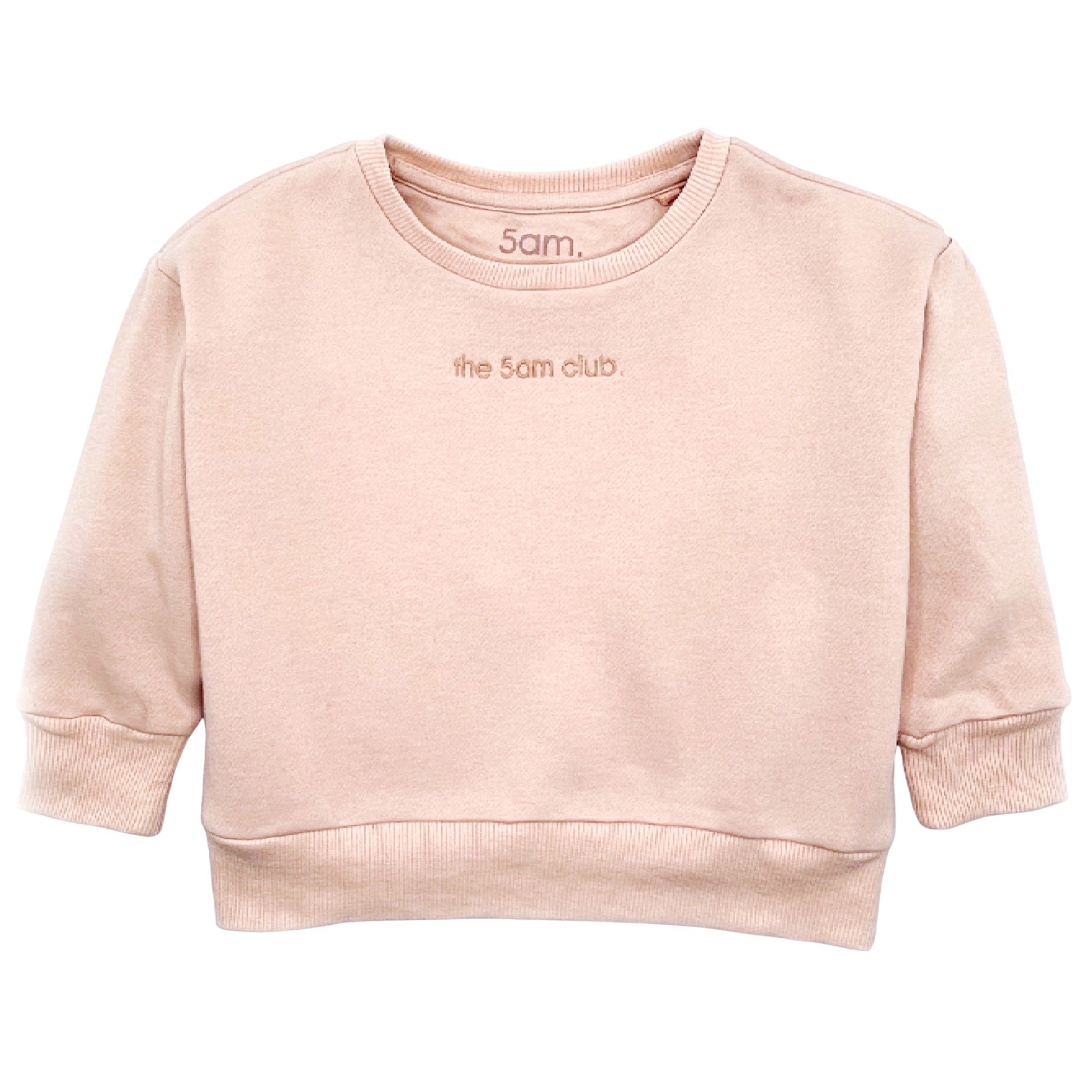 blush pink kids sweatshirt with the 5am club logo on the chest