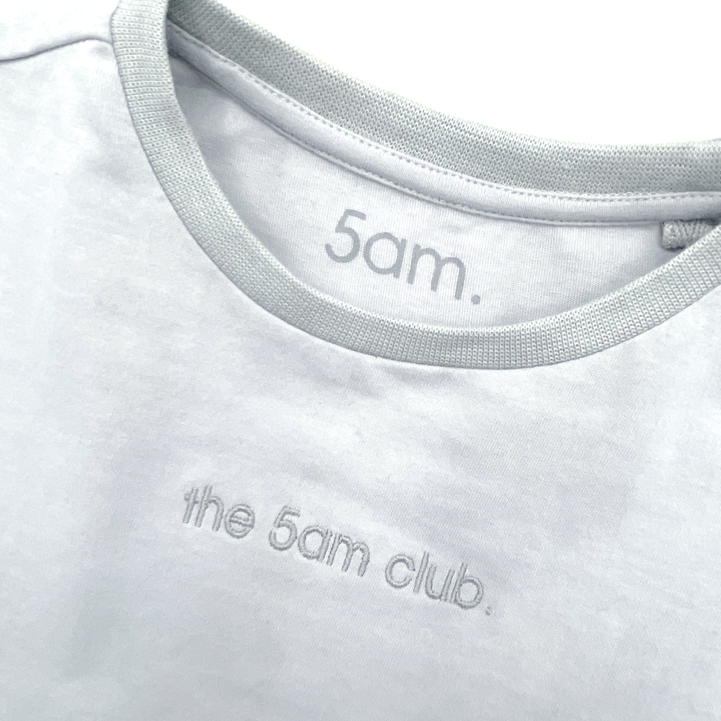 light grey kids t-shirt with the 5am club logo on the chest