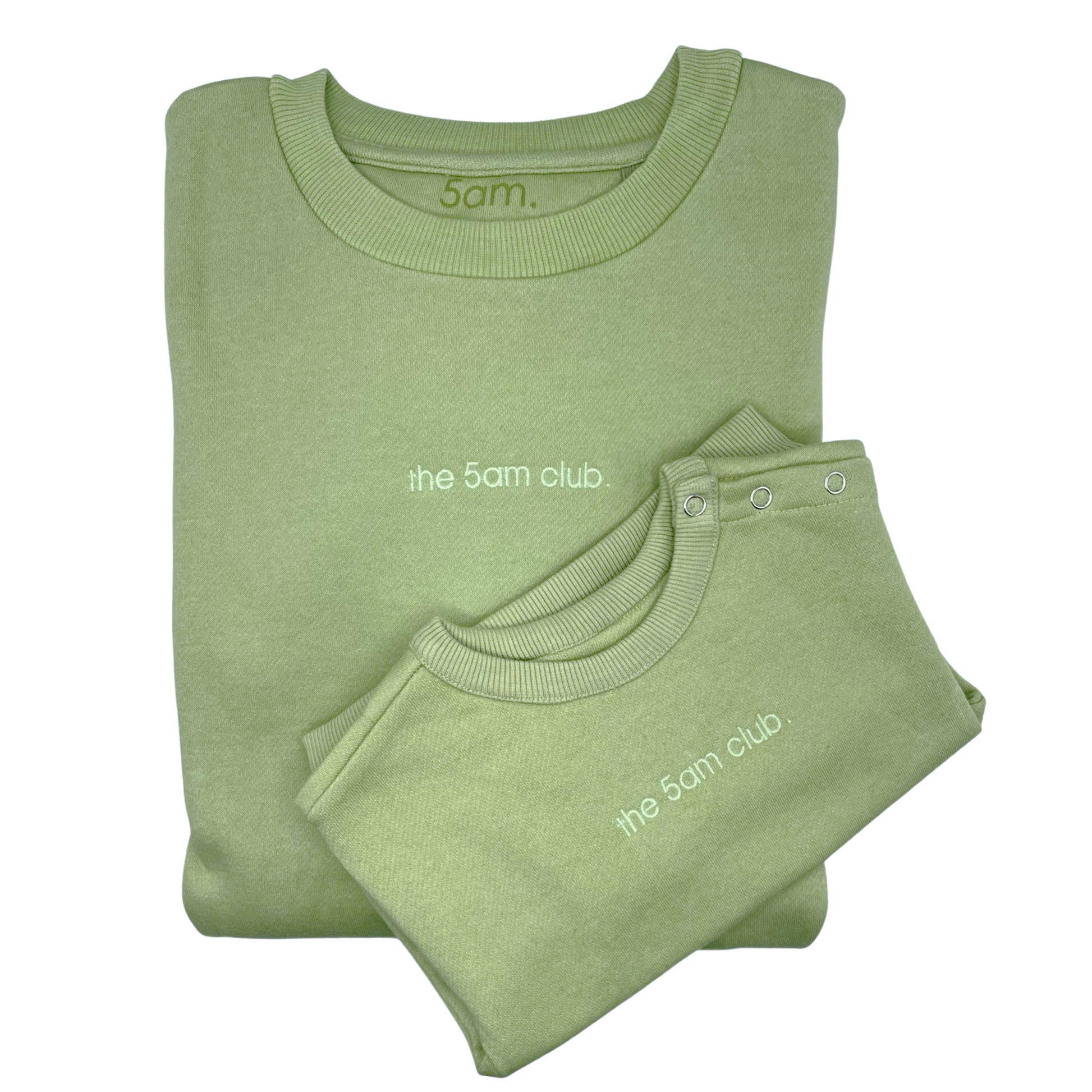 sage green womens sweatshirt with the 5am club logo on the chest