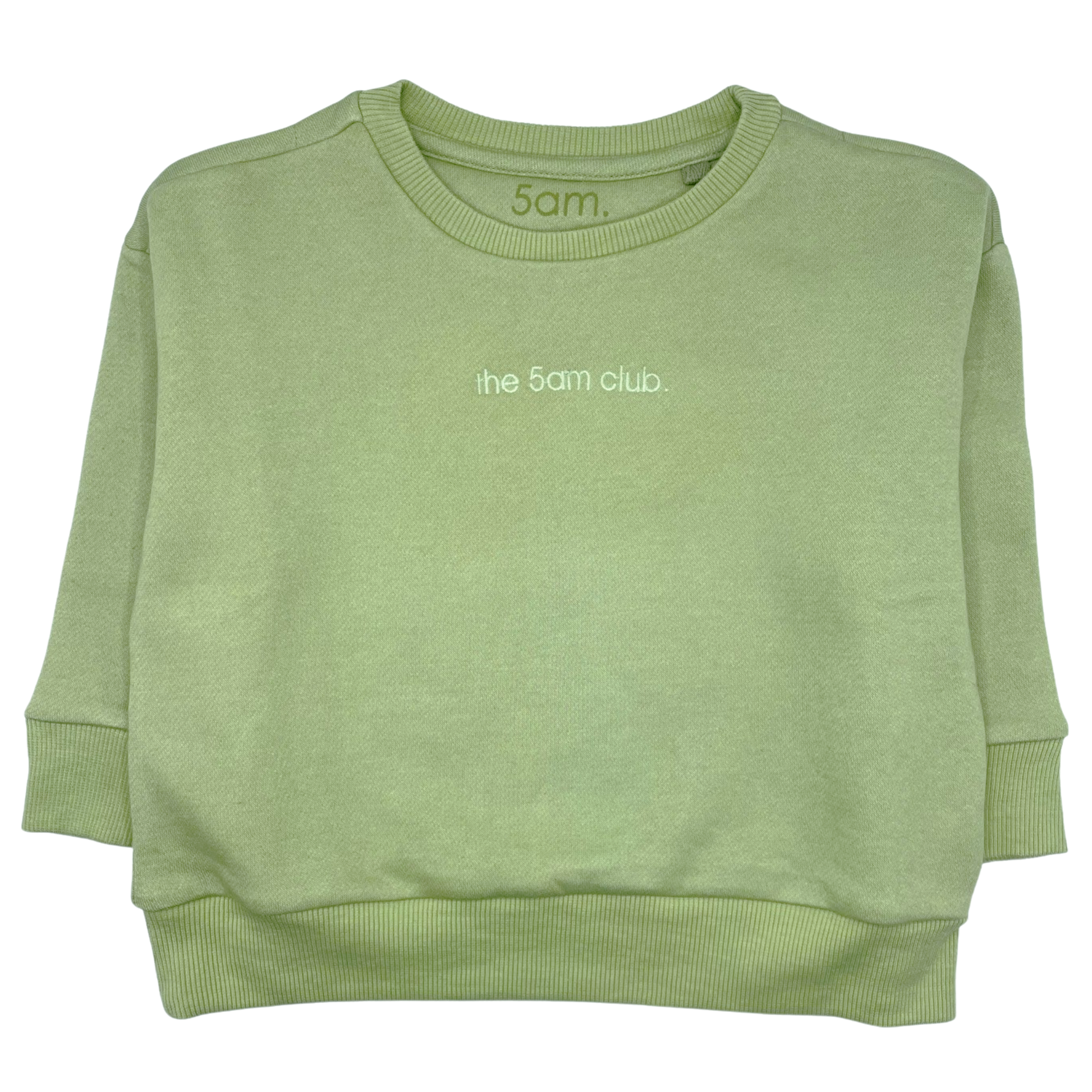 sage green kids sweatshirt with the 5am club logo on the chest